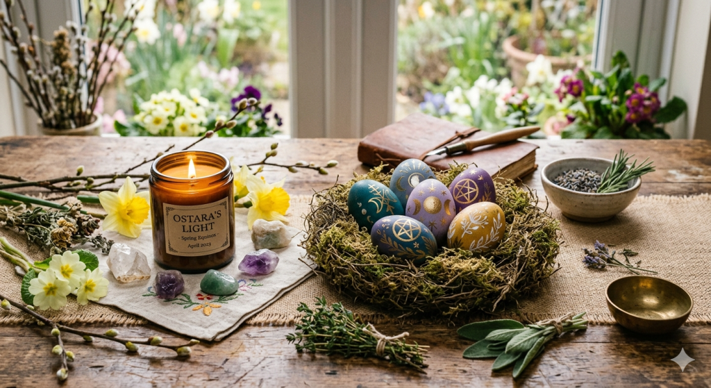 A wooden table holding a bird's nest filled with painted eggs featuring gold symbols, surrounded by a lit candle labeled "Ostara's Light," fresh spring flowers, crystals, and bundles of fresh herbs.