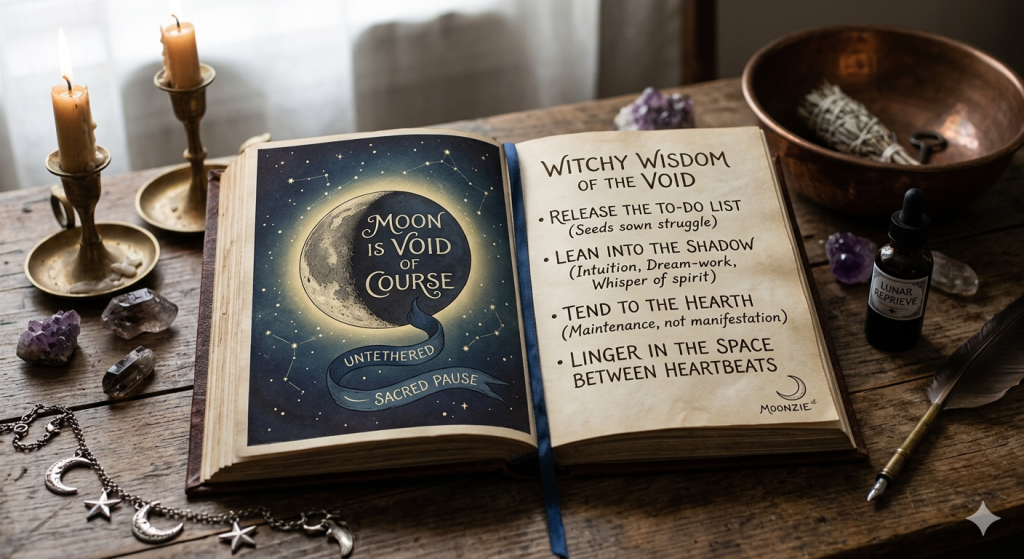 An open, vintage leather-bound grimoire resting on a rustic wooden table, featuring an illustration of the moon with the text "Moon is Void of Course" and a bulleted list titled "Witchy Wisdom of the Void." The surrounding scene includes lit candles, crystals, a copper bowl with sage, and a small bottle labeled "Lunar Reprieve."