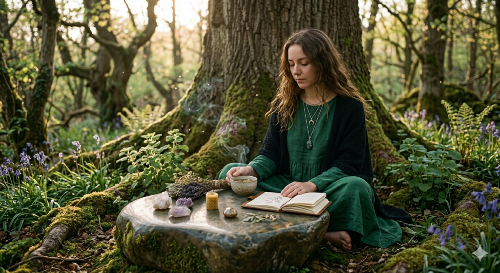A witch sitting on a mossy, ancient stone in a forest clearing, surrounded by bluebells and ferns, holding a steaming cup of herbal tea next to a spread of crystals and a handwritten grimoire.