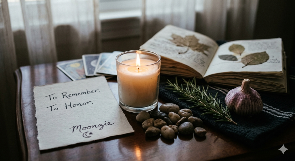A cozy, mystical altar setup on a wooden table featuring a lit white candle in a glass jar, a sprig of fresh rosemary, a bulb of purple garlic, and a small pile of smooth river stones. Next to these items is an open vintage journal with pressed leaves and a piece of parchment paper that reads "To Remember. To Honor. Moonzie" with a small crescent moon and star symbol.