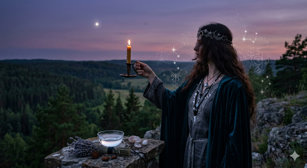 A witchy woman in a dark teal velvet cloak holding a lit candle at twilight, standing on a rocky cliff overlooking a pine forest with an altar containing a water bowl, lavender, and crystals.