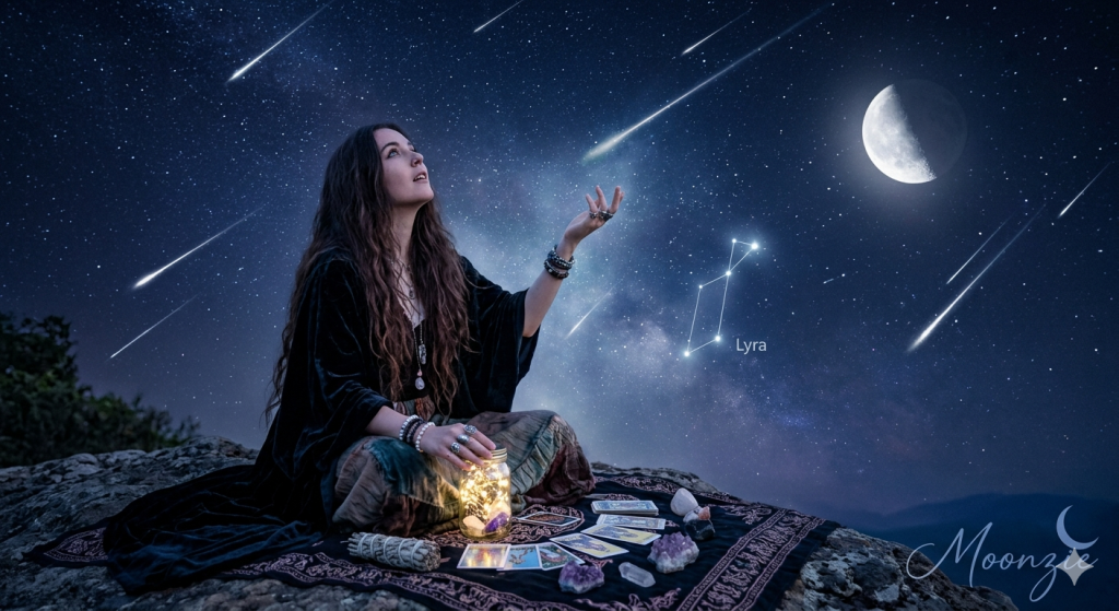A young woman in a black velvet cloak sits on a mountain peak at night, looking up at dozens of Lyrids meteor streaks and the crescent moon. Below her, a tarot deck, crystals, and a glowing jar of string lights are arranged on a spiritual altar cloth. A signature in the corner reads "Moonzie."