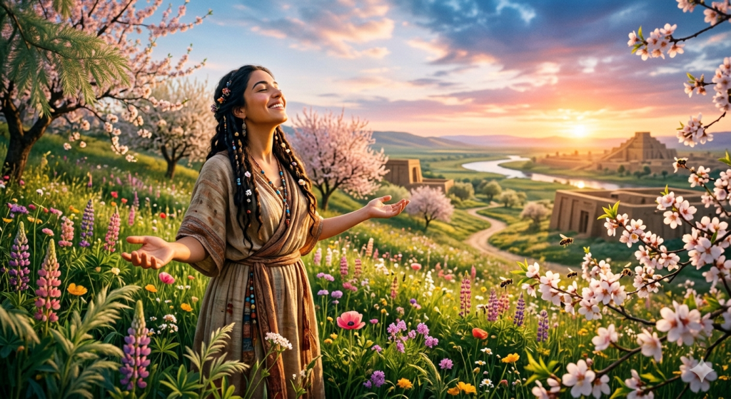 An ancient Mesopotamian woman with open arms smiling joyfully in a vibrant spring meadow filled with colorful wildflowers and blossoming trees, under a golden sunset sky with a distant ziggurat and winding river.