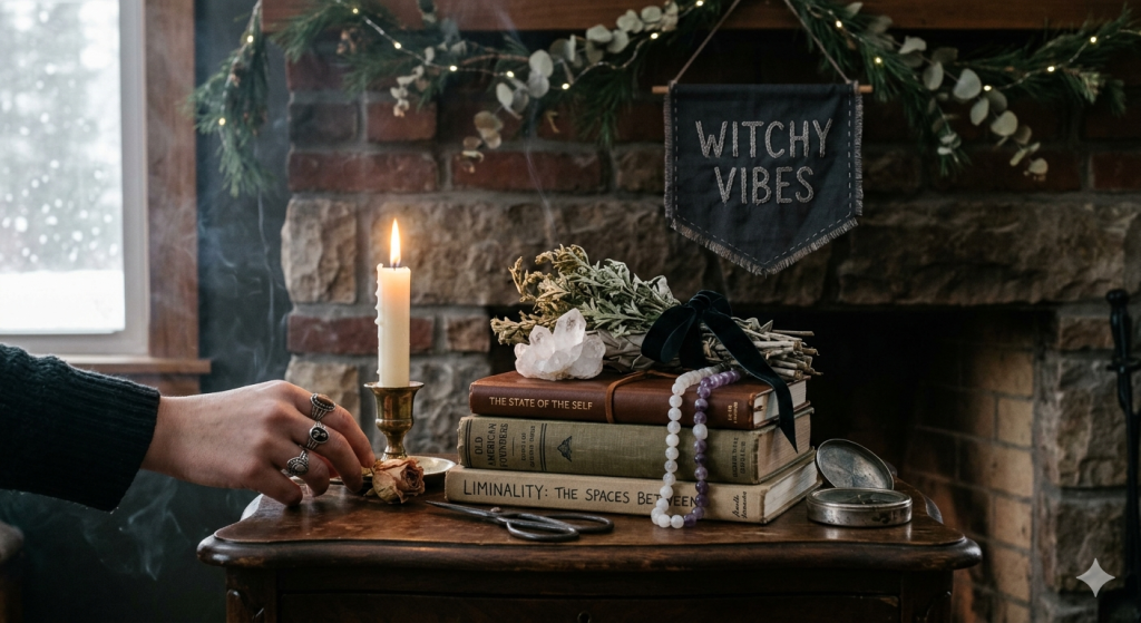 A cozy, atmospheric scene featuring a candlelit table with vintage books titled "The State of the Self," "The Art of Leadership," and "Liminality," with a banner hanging above reading "Presidents' Day."