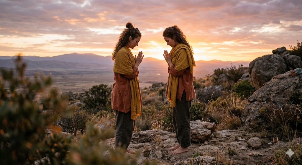 Two women in earthy-toned clothing stand on a rocky hilltop at dawn, hands pressed together in prayer as they bow toward the rising sun.