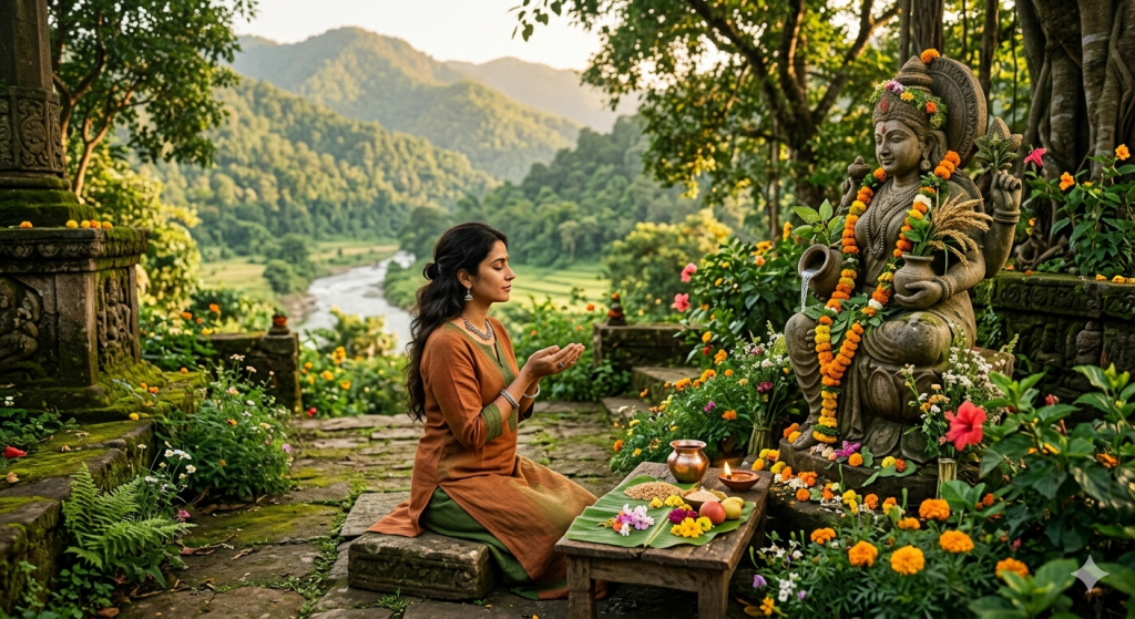 A woman sits in a peaceful outdoor sanctuary, her hands held open in prayer before a stone statue of a Hindu goddess adorned with marigold garlands. The scene is set against a backdrop of lush green mountains, a winding river, and vibrant flowers.