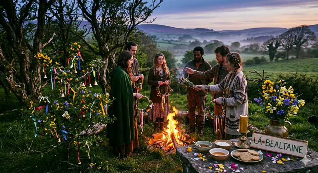 A group of people in mystical, cottagecore attire gathered around a small bonfire at dusk in a misty Irish landscape, next to a decorated May Bush with ribbons and a stone table with honey, oat cakes, and a "Lá Bealtaine" sign.