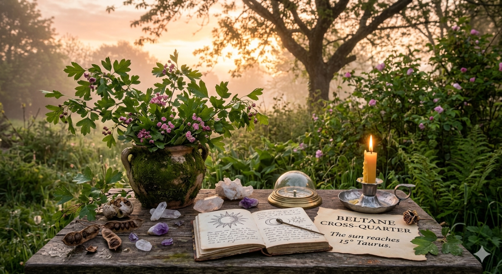 A rustic wooden table set as a magical altar in a misty, sun-drenched garden at dawn. On the table sits a moss-covered pot of pink flowers, crystals, a lit yellow candle, an open grimoire, and a parchment reading "Beltane Cross-Quarter: The sun reaches 15° Taurus."
