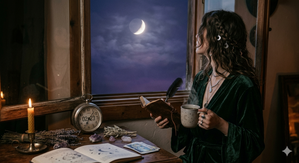 A woman in a green velvet robe sits at a wooden desk with crystals, tarot cards, and a beeswax candle, gazing out an open window at a crescent moon in a dark purple sky. An antique clock on the desk reads 2:23.