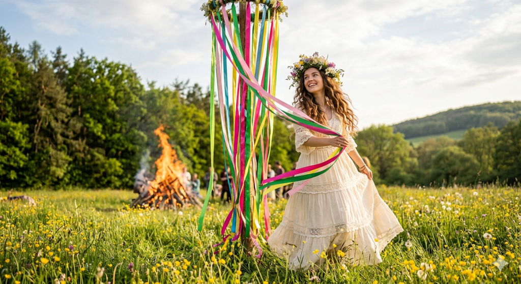 A woman with long wavy hair wearing a floral crown and a white cottagecore dress dancing around a Maypole with colorful ribbons in a wildflower meadow with a bonfire in the background