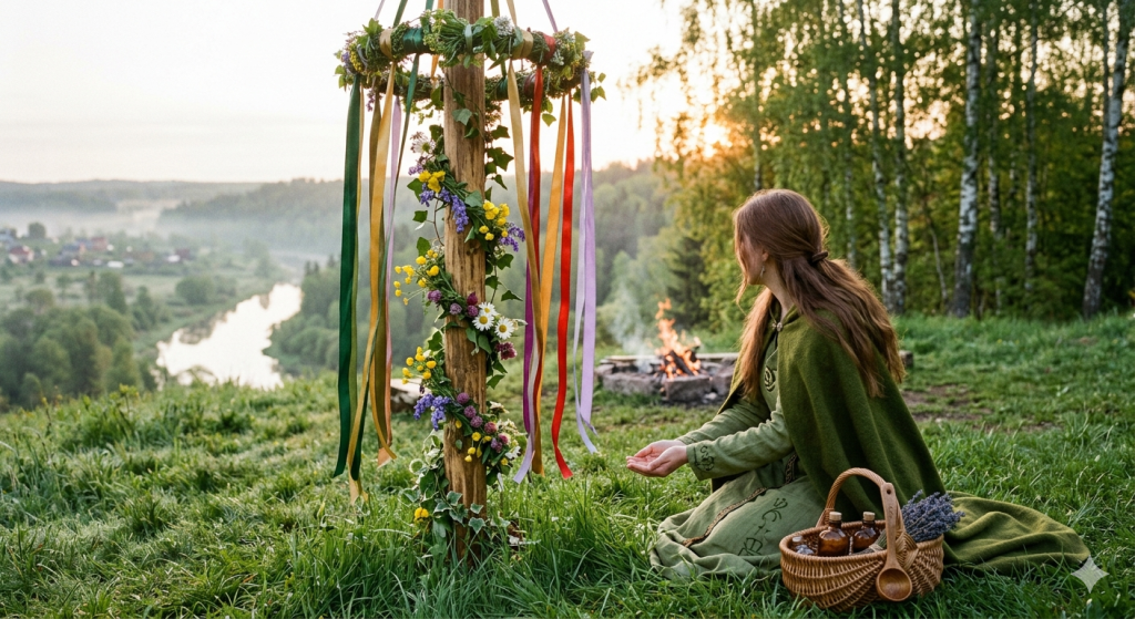 A practitioner in a green cloak kneeling in a lush meadow at sunrise next to a flower-adorned Maypole, with a small sacred fire burning in the background near a river.