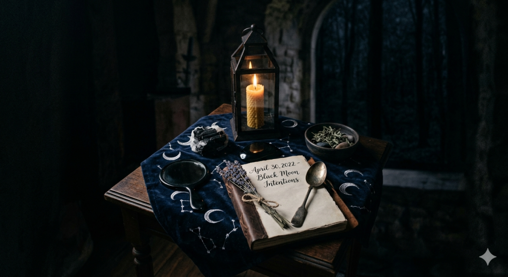 A moody, high-angle shot of a wooden table covered in a celestial blue cloth with embroidered moon phases. On the table sits a flickering candle in a black lantern, a bowl of herbs, a leather-bound journal titled "April 30, 2022 – Black Moon Intentions," a vintage silver spoon, and sprigs of dried lavender.