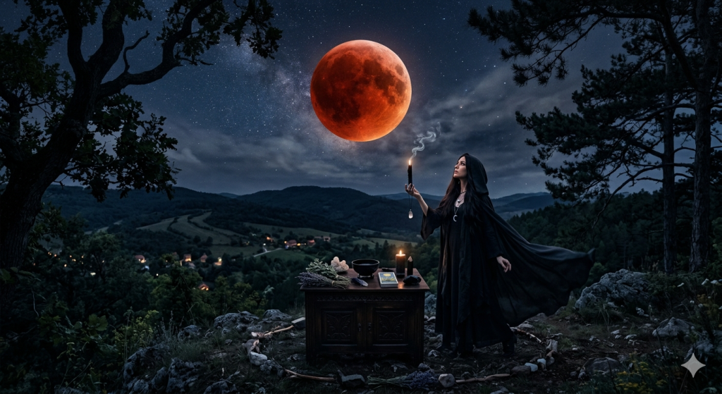 A witch in a flowing black cloak performs a ritual under a large, glowing red total lunar eclipse in a starry night sky.