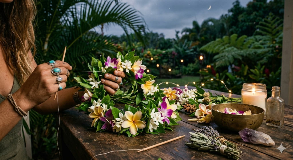 A close-up of a person’s hands adorned with turquoise rings weaving a floral lei of plumeria and orchids on a rustic wooden table featuring a crystal, sage bundle, and a lit candle under a crescent moon.