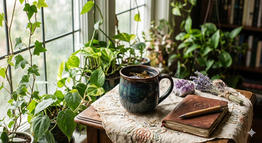 A lush, mystical indoor garden with hanging ivy, potted herbs, and a small wooden table holding a cup of herbal tea and a crystal.