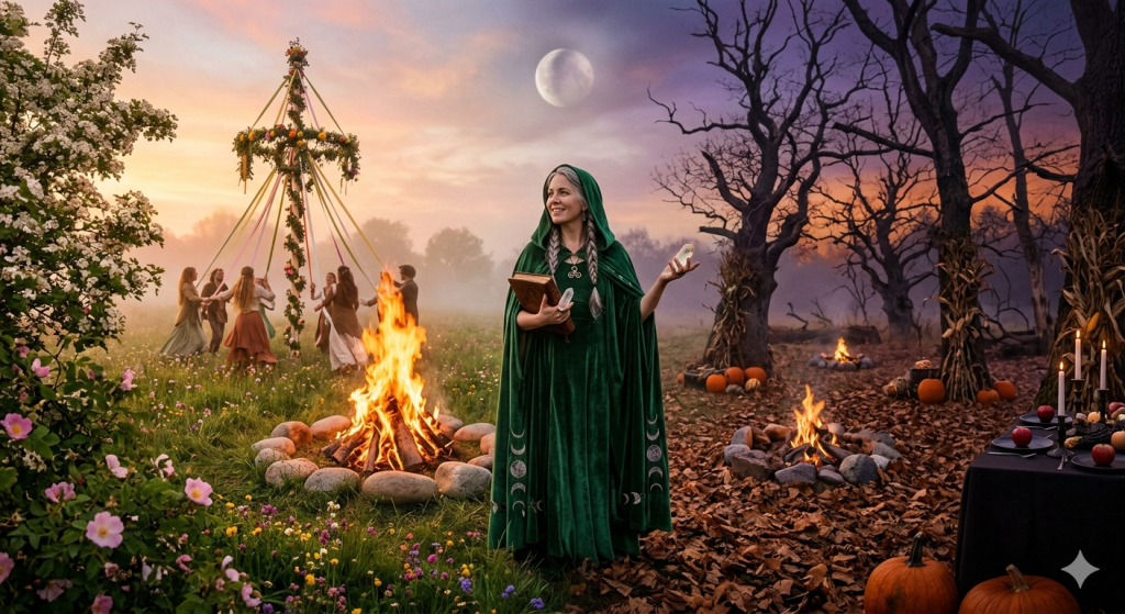 A mystical landscape divided in half: the left side shows a vibrant Beltane celebration with a Maypole and blooming flowers in warm light, while the right side depicts a quiet, autumnal Samhain scene with pumpkins, fallen leaves, and twilight skies. A central witchy figure in a green cloak stands between both worlds holding a grimoire.