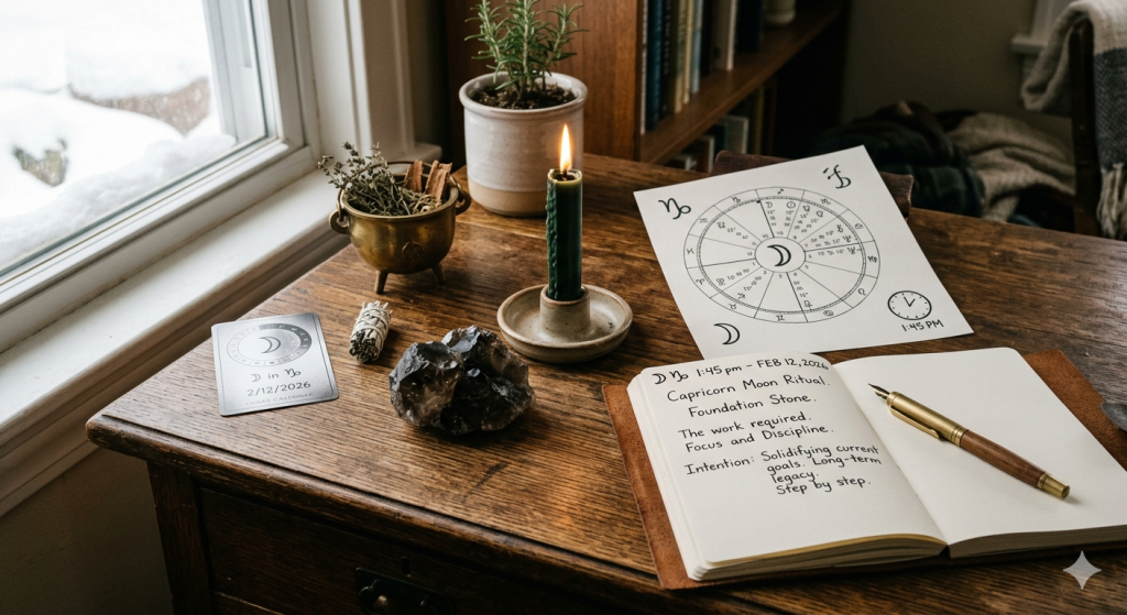 A wooden desk holding a journal with written notes about a Capricorn Moon ritual, a lit green candle, a smoky quartz crystal, a small copper cauldron, and an astrology chart dated February 12, 2026.