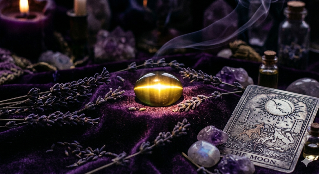 A polished Cat's Eye gemstone with a glowing chatoyant light strip resting on purple velvet among lavender sprigs, a tarot card, and ritual candles.