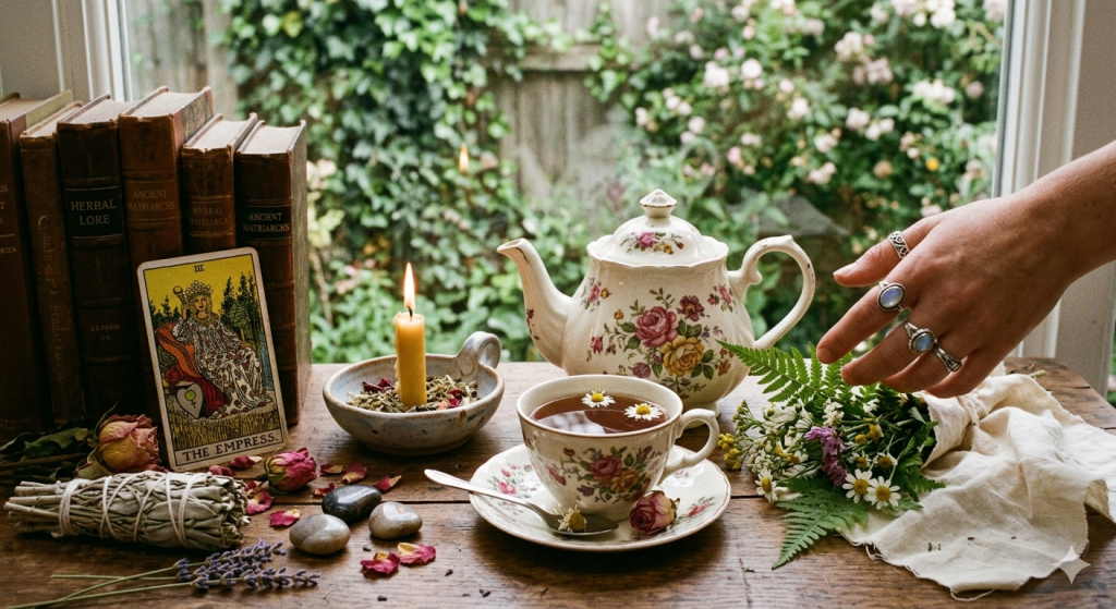A flat-lay image featuring a vintage tea set, dried rose petals, a lit white candle, and a tarot card showing The Empress on a rustic wooden table.