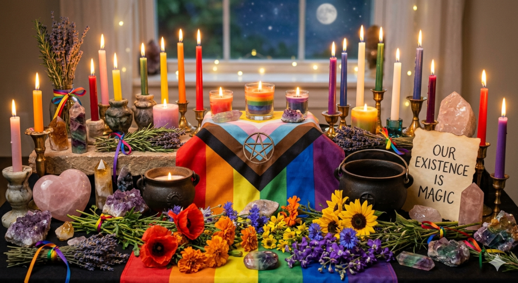 A magical altar decorated for Pride Month featuring a Progress Pride flag with a central pentacle, surrounded by rainbow candles, crystals, herbs, cauldrons, and a parchment sign that reads "OUR EXISTENCE IS MAGIC" under a full moon.