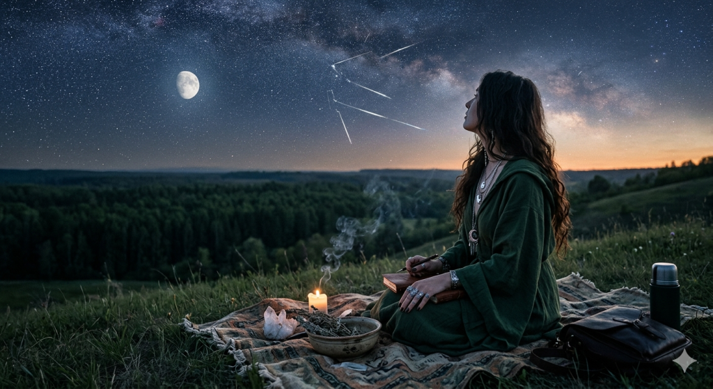 A woman with long dark hair, wearing a green hooded cloak and silver rings, sits on a blanket in a field at night. She looks up at a meteor shower and a bright moon in a starry sky. Beside her is a lit candle, a bowl of herbs, and a journal.