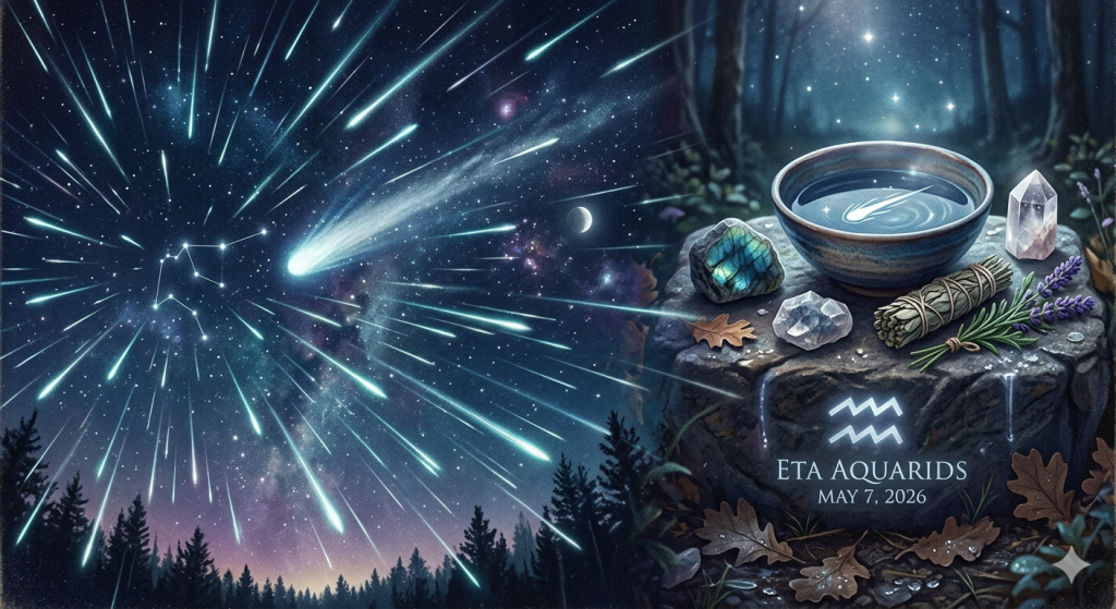 A split-screen digital illustration featuring a vibrant meteor shower radiating from the Aquarius constellation over a dark forest on the left, and a mystical altar stone on the right adorned with a bowl of water, labradorite, clear quartz, and herbs under a starlit sky.