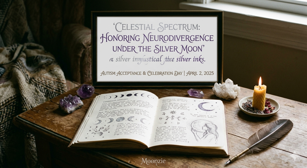 A mystical, witchy-themed desk setup featuring an open journal with moon phases and sketches, surrounded by amethyst crystals, a beeswax candle, and a framed sign that reads "Celestial Spectrum: Honoring Neurodivergence Under the Silver Moon" dated April 2, 2025.