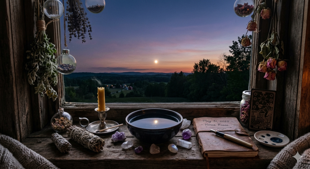 A rustic wooden windowsill holding a bowl of water reflecting the pre-dawn sky, surrounded by crystals, a candle, dried herbs, and a journal titled "May 31, 2025 - Venus Rises," with a faint, bright Venus visible low on the horizon outside.