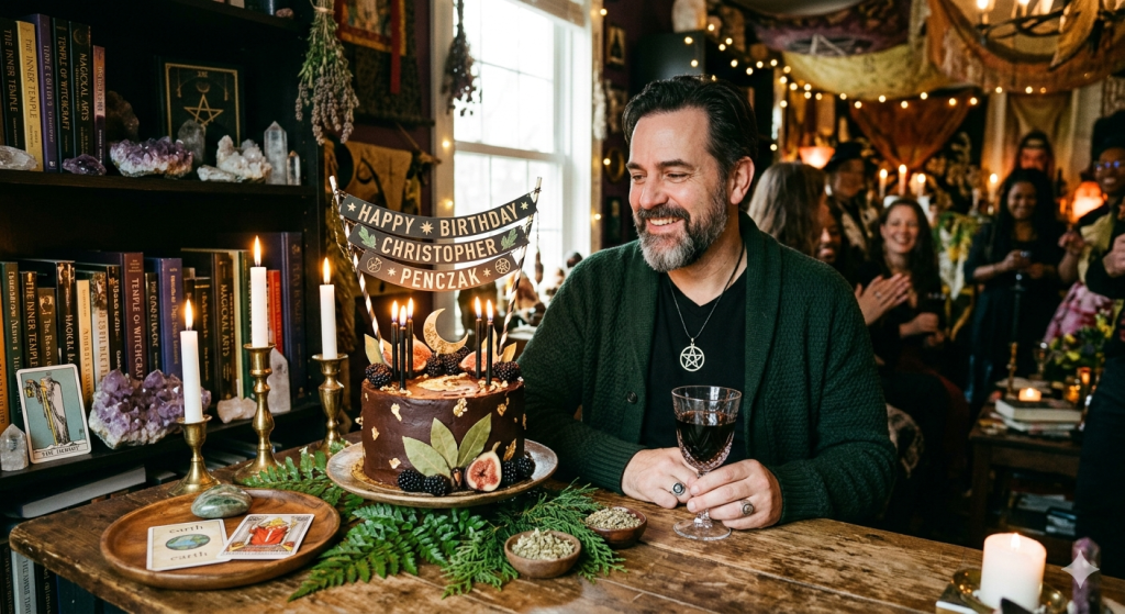 A man with a beard wearing a green cardigan and pentacle necklace sits at a rustic wooden table with a chocolate birthday cake decorated with figs, blackberries, and a "Happy Birthday Christopher Penczak" banner, surrounded by tarot cards, crystals, and bookshelves.