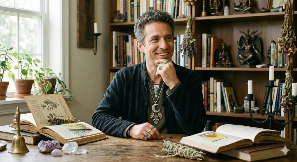 A middle-aged man with salt-and-pepper hair, representing Christopher Penczak, sitting at a wooden desk filled with open botanical books, tarot cards, and crystals, with a large library in the background.