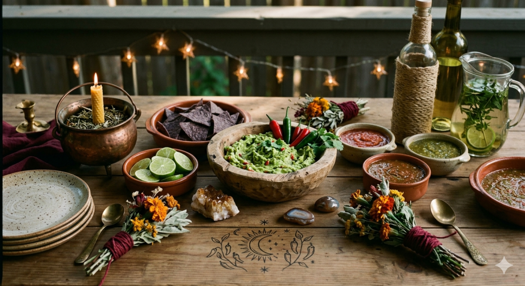 A rustic wooden table set with Cinco de Mayo food, featuring a stone bowl of guacamole topped with red and green chili peppers, surrounded by salsas, chips, a small copper cauldron with a candle, crystals, and dried flower bundles tied with red twine.