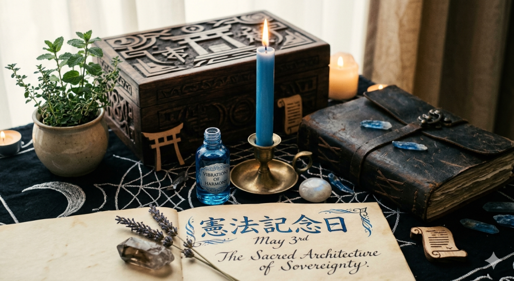 A mystical altar for Japan's Constitution Memorial Day featuring a blue candle, an open grimoire with Japanese calligraphy, crystals, and small torii gate figures on a celestial cloth.