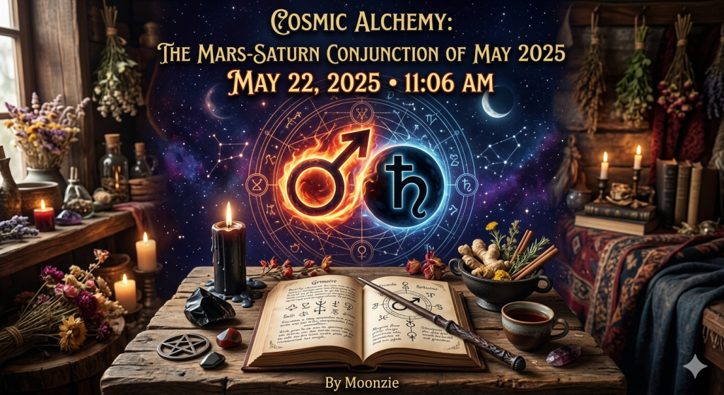 A witchy altar featuring an open grimoire, candles, crystals, and a bowl of ginger and cinnamon under a starry night sky with glowing symbols for Mars and Saturn.
