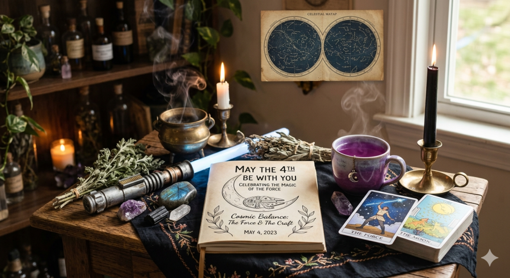 A high-angle shot of a mystical altar featuring a glowing blue lightsaber hilt, crystals, tarot cards, and a steaming cup of purple tea. A vintage-style notebook in the center reads "May the 4th Be With You" with a moon and Millennium Falcon illustration, dated May 4, 2023.