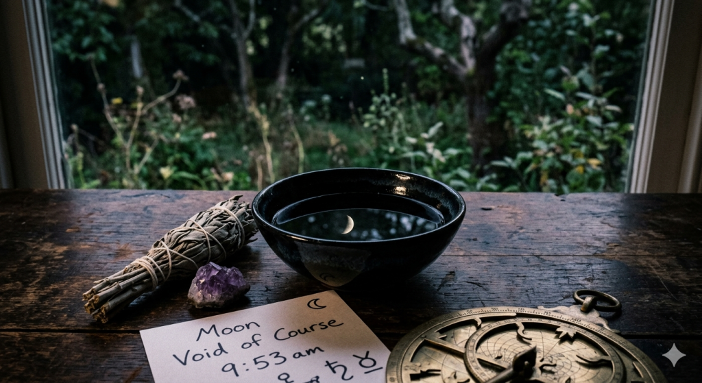 A wooden table sits before a window overlooking a lush green garden, featuring a black bowl of water reflecting the moon, a sage bundle, an amethyst crystal, an antique astrolabe, and a handwritten note that says "Moon Void of Course 9:53 am."