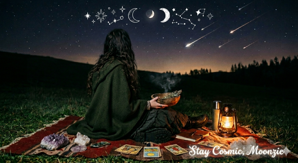 A person in a dark green hooded cloak sits on a blanket in a grassy field at night, performing a ritual while watching the Eta Aquariid meteor shower under a crescent moon.