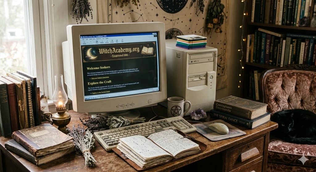 A nostalgic 1990s desktop setup featuring a beige CRT monitor displaying the WitchAcademy.org website, surrounded by occult books, bundles of dried herbs, a crystal, and a leather-bound journal on a wooden desk.