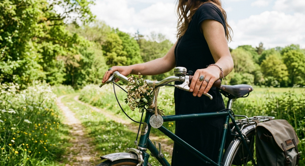 A person in a black dress stands with a vintage dark green bicycle on a sunlit dirt path lined with wildflowers and lush green trees. A small bouquet of white hawthorn blossoms is tied to the handlebars with twine.