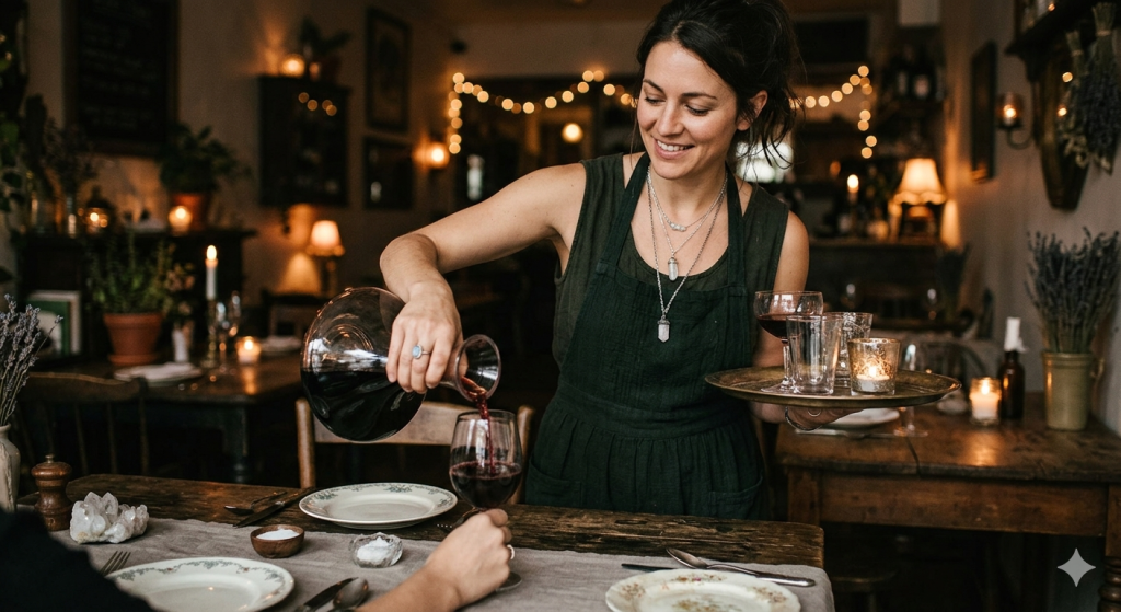 A smiling waitress in a dark green apron and crystal necklaces pouring dark wine from a glass decanter into a guest's glass in a cozy, rustically lit restaurant filled with fairy lights, candles, and crystals on the tables.