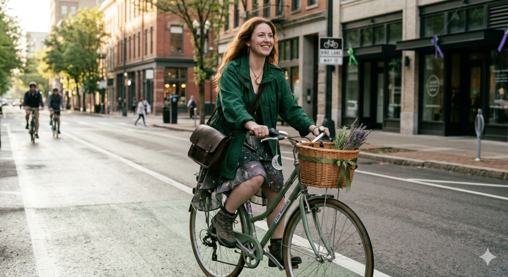 A woman with long reddish hair riding a sage-green bicycle down a city bike lane. Her wicker basket is filled with lavender and rosemary, and she wears a crescent moon necklace. The bicycle frame features a "STAY MAGICAL" sticker.