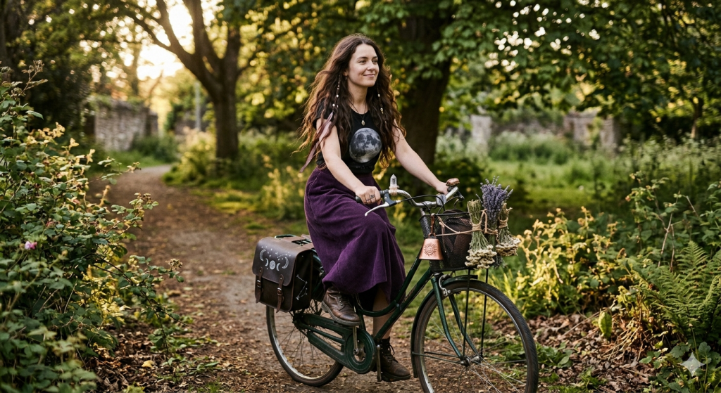 A woman with long dark hair rides a vintage green bicycle down a wooded path, wearing a moon-phase shirt and a long purple skirt. The bike features a basket filled with dried lavender and herbs, and leather panniers adorned with celestial illustrations.