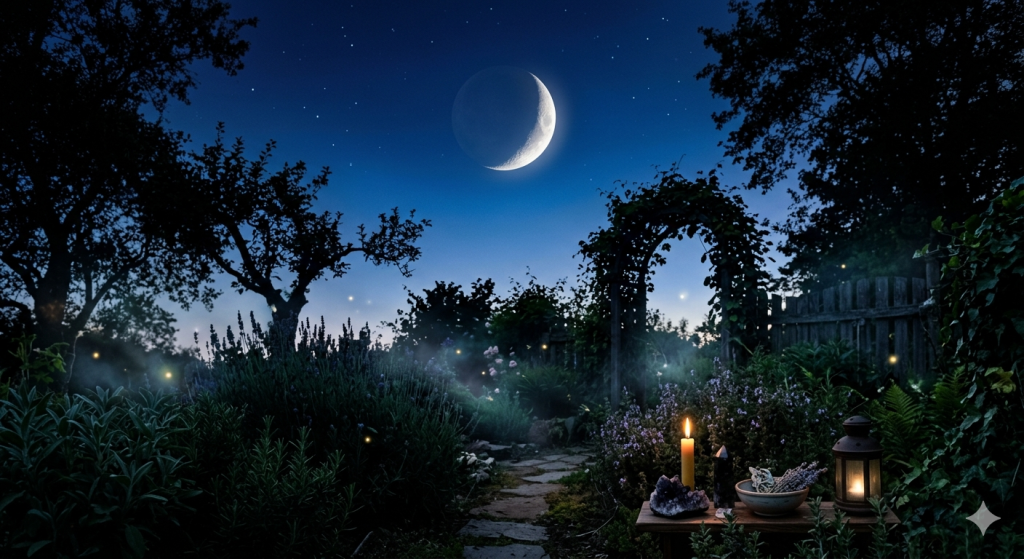 A thin silver waxing crescent moon hanging in a deep indigo twilight sky above a silhouette of a lush herb garden with glowing ethereal mists.
