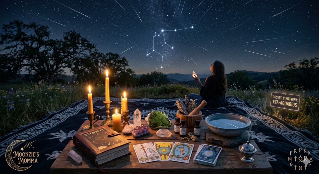A mystical nighttime scene featuring a woman sitting on a patterned blanket under a meteor shower radiating from the Aquarius constellation. In the foreground, a wooden table holds flickering candles, tarot cards including the Ace of Wands and The World, crystals, and a bowl of water reflecting the stars.