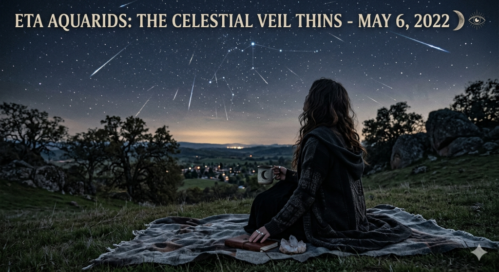 A woman with long wavy hair sits on a blanket on a grassy hill at night, gazing up at a vibrant meteor shower. She holds a mug with a crescent moon, with a journal and a quartz crystal resting beside her. Text at the top reads "ETA AQUARIDS: THE CELESTIAL VEIL THINS - MAY 6, 2022."
