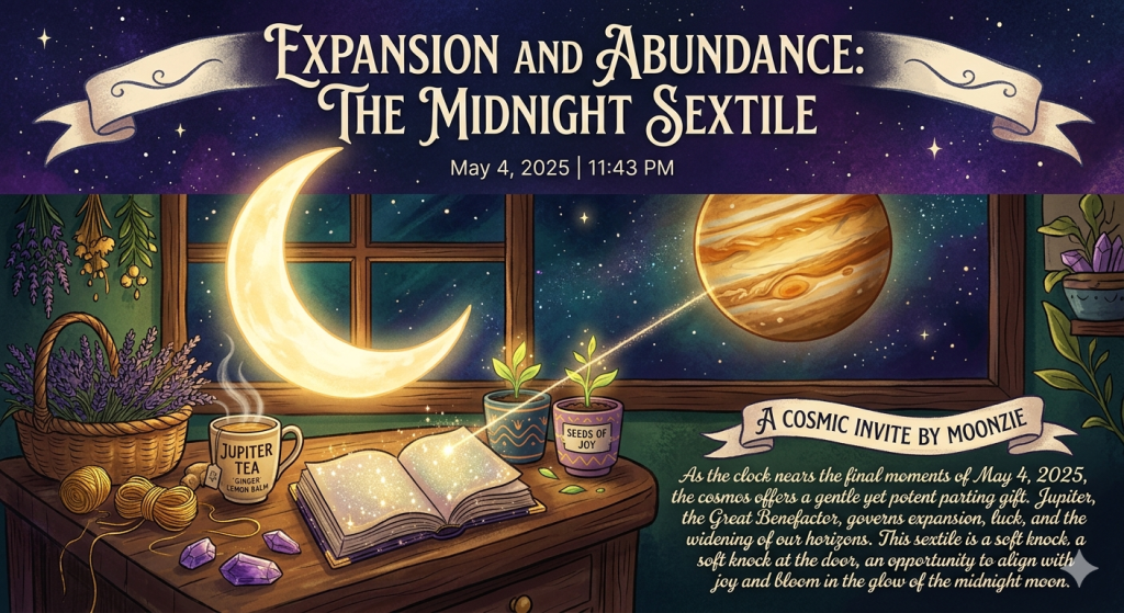 A cozy, witchy desk scene featuring an open journal with glowing stardust, a steaming mug labeled 'Jupiter Tea,' and crystals, set against a window view of a crescent moon and the planet Jupiter connected by a beam of light.