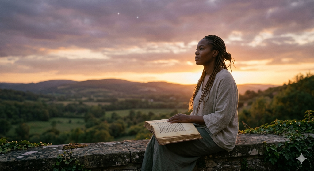 A woman sitting on a stone wall at sunset, holding an ancient open book and looking out over a peaceful valley.
