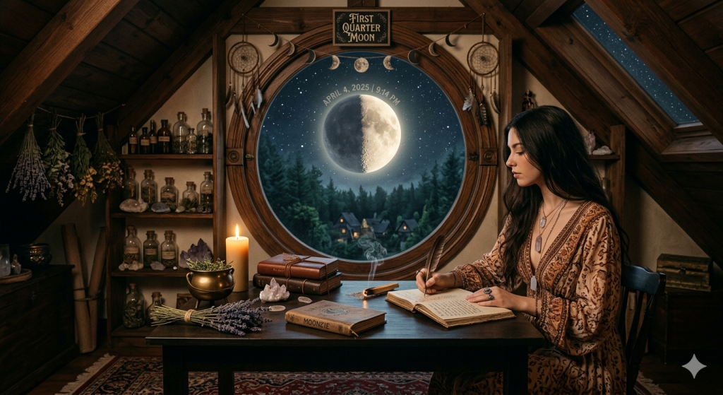 A mystical attic room with a large circular window framing a glowing first quarter moon in the night sky. A woman with long dark hair sits at a wooden desk, writing in an open journal with a quill. The room is filled with dried herbs, crystals, and glass jars.