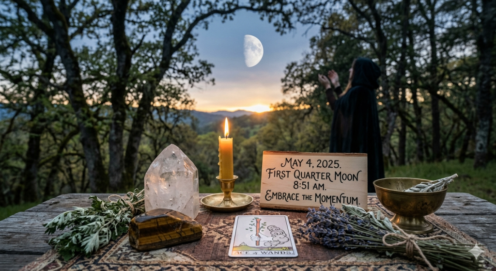 A witchy outdoor altar featuring a First Quarter Moon in the sky, a lit candle, clear quartz, tiger's eye, lavender, and the Ace of Wands tarot card.