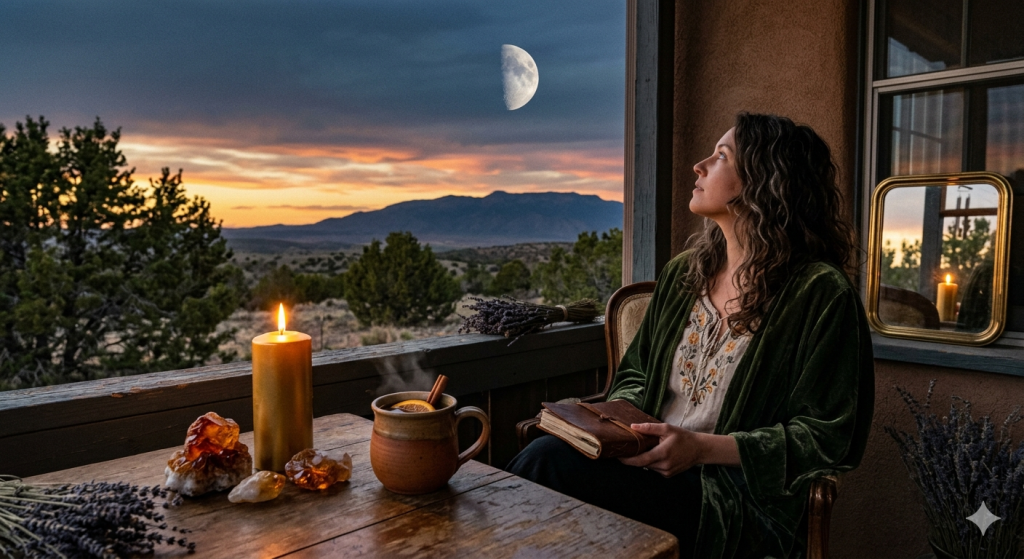 A woman in a green velvet robe sits on a balcony at twilight, looking up at a first quarter moon. On the wooden table before her are a glowing gold candle, a steaming mug with an orange slice and cinnamon stick, amber crystals, and dried lavender.