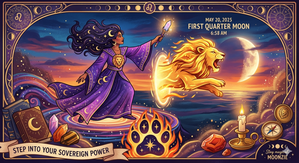 A mystical illustration of a witch in purple celestial robes with long dark hair, holding a glowing wand and channeling a fiery golden lion leaping from a magical portal. The scene is set against a sunset ocean background with a first quarter moon, containing text that reads "May 20, 2025, First Quarter Moon, 6:58 AM" and a banner at the bottom that says "Step into your sovereign power."